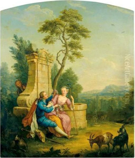 Scene Galante Pres D'une Fontaine Oil Painting by Jean Benard