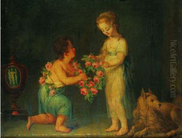 Deux Enfants Jouant Avec Une Guirlande De Fleurs Oil Painting by Jean Benard