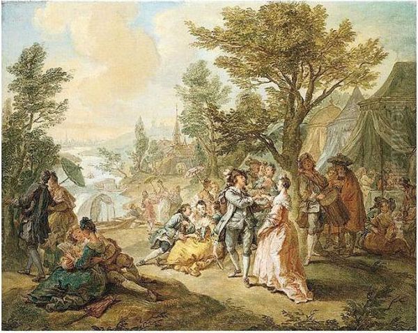 A Fete Galante Beside A River With Elegant Figures Embarking A Boat Beyond Oil Painting by Jean Benard