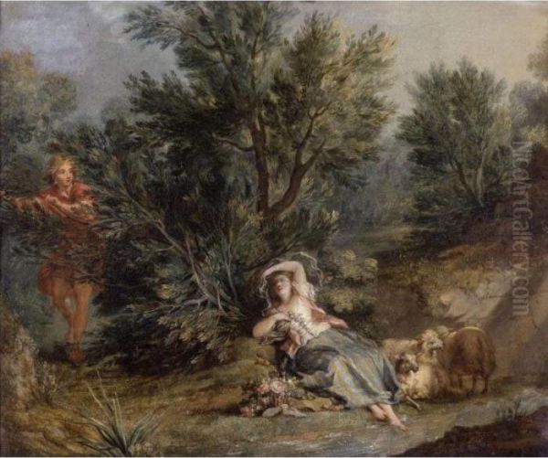 Shepherdess In A Landscape Oil Painting by Jean Benard