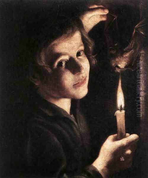 Boy Singeing a Bat's Wings Oil Painting by Trophime Bigot