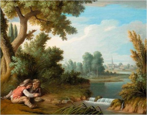 Children By A River Playing With A Bird's Nest Oil Painting by Jean Benard