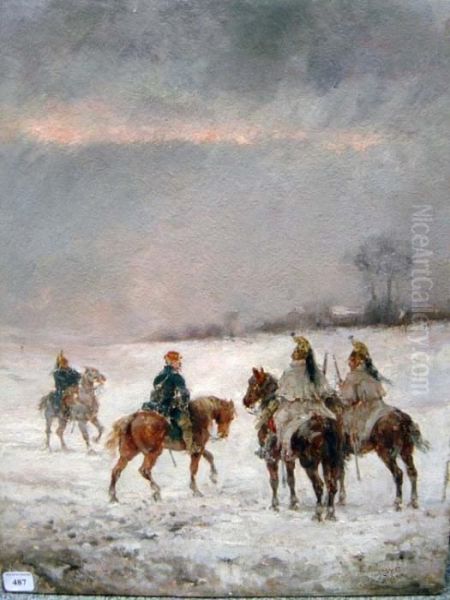 < Militaires Dans Un Paysage D'hiver >. Oil Painting by Louis Emile Benassit