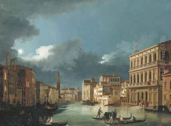 The Grand Canal, Venice, looking north-west, from the Palazzo Corner to the Palazzo Contarini dagli Scrigni, by moonlight... Oil Painting by Giuseppe Bernardino Bison