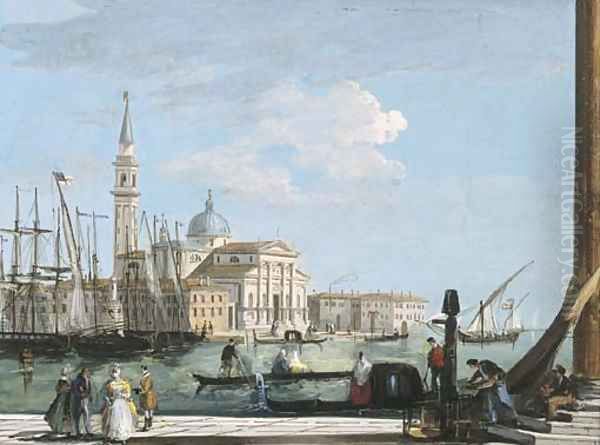 A view of San Giorgio Maggiore, Venice, with a British ship entering the Bacino di San Marco Oil Painting by Giuseppe Bernardino Bison