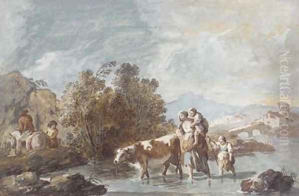 A family crossing a stream with a cow Oil Painting by Giuseppe Bernardino Bison