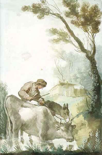 A Shepherd crossing a Ford with a Cow and a Donkey Oil Painting by Giuseppe Bernardino Bison