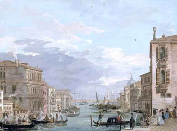 The Grand Canal, Venice, looking east from the Campo di San Vio, with the Palazzo Corner, barges and gondolas, the dome of Santa Maria della Salute Oil Painting by Giuseppe Bernardino Bison