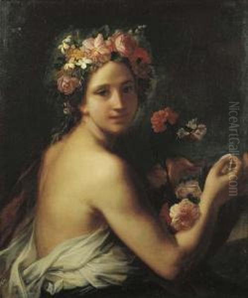 Giovane In Abiti Classici Con Garofani E Ghirlande Di Fiori(allegoria Dell'olfatto?) Oil Painting by Marco Benefial