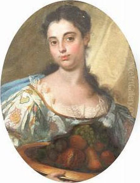 A Young Woman Holding A Platter Of Fruit Oil Painting by Marco Benefial