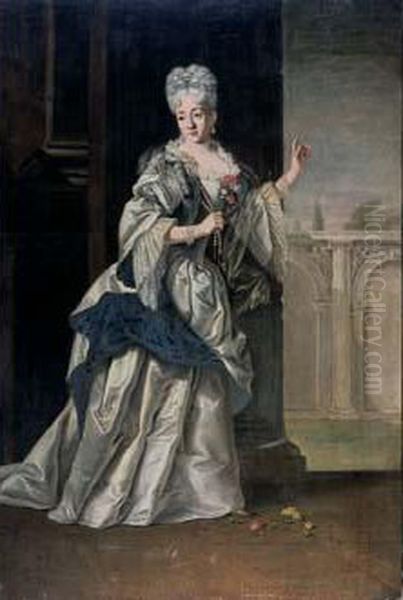 Portrait De Jeune Femme Tenant Un Collier De Perles Devant Une Cour De Palais Oil Painting by Marco Benefial