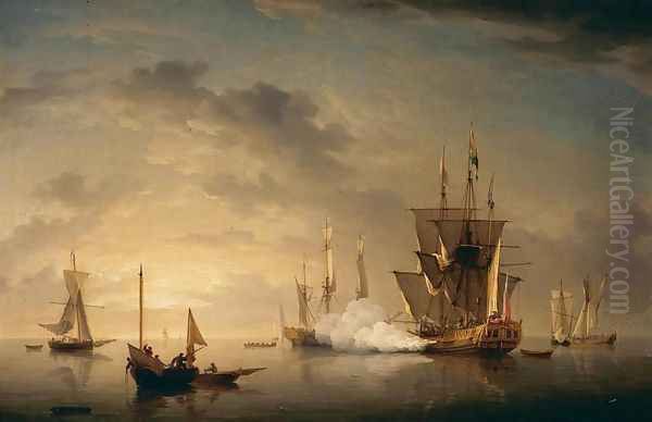 A Royal Yacht Firing a Salute Oil Painting by Charles Brooking