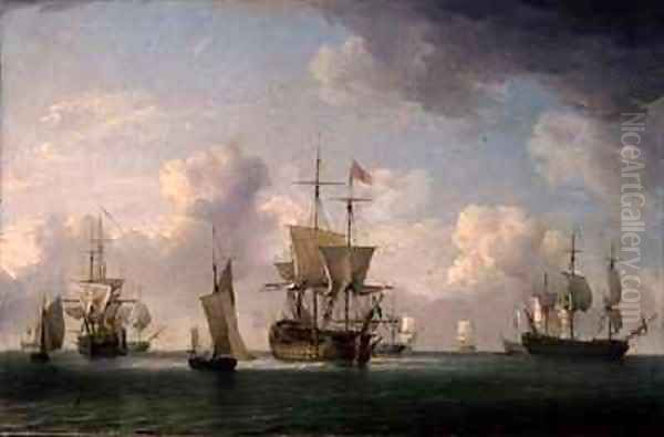 English Ships Under Sail in a Very Light Breeze Oil Painting by Charles Brooking