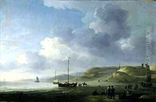 The Coast Near Scheveningen with Fishing Pinks on the Shore Oil Painting by Charles Brooking