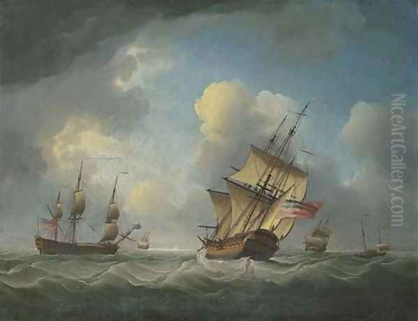 A Royal Naval squadron of the Red offshore in a heavy swell Oil Painting by Charles Brooking