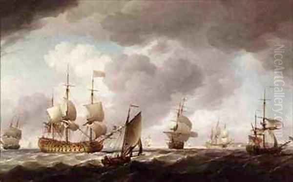 An English Vice-Admiral of the Red and his Squadron at Sea Oil Painting by Charles Brooking