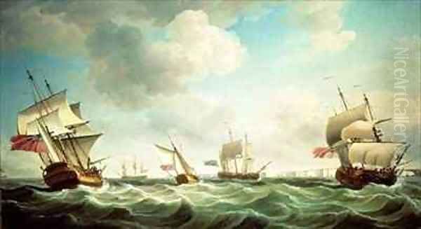 East Indiamen and a smack-rigged Royal Yacht in a breeze off the Downs Oil Painting by Charles Brooking