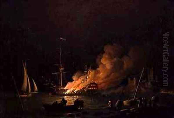 Ship on Fire at Night Oil Painting by Charles Brooking