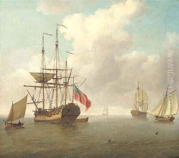 A small man-'o'-war at anchor with cutters under sail Oil Painting by Charles Brooking