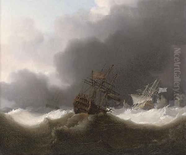 Ships of the Red Squadron reefed down in a gale Oil Painting by Charles Brooking