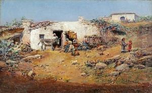 Figures In A North African Village Oil Painting by Jose Benlliure Y Gil