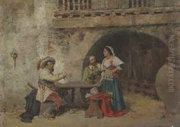 Soldatenfreunde Im Patio Oil Painting by Jose Benlliure Y Gil