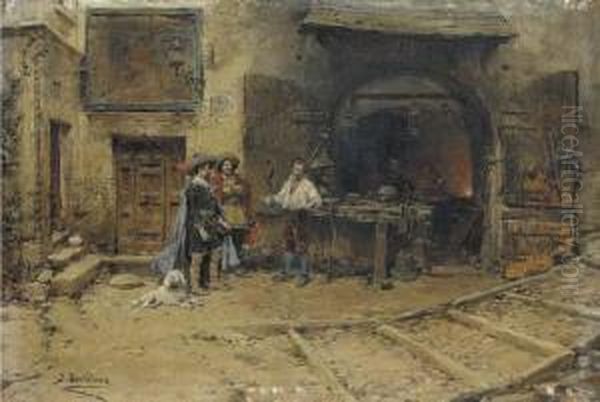 Outside The Blacksmiths Oil Painting by Jose Benlliure Y Gil