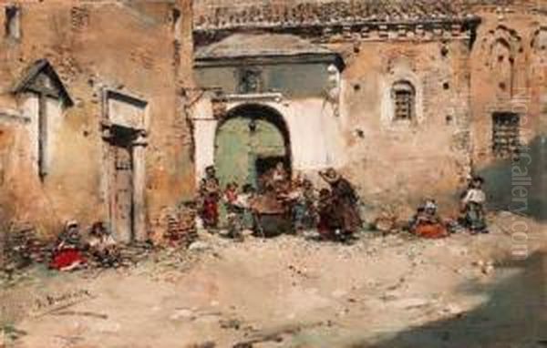 A Spanish Courtyard Oil Painting by Jose Benlliure Y Gil