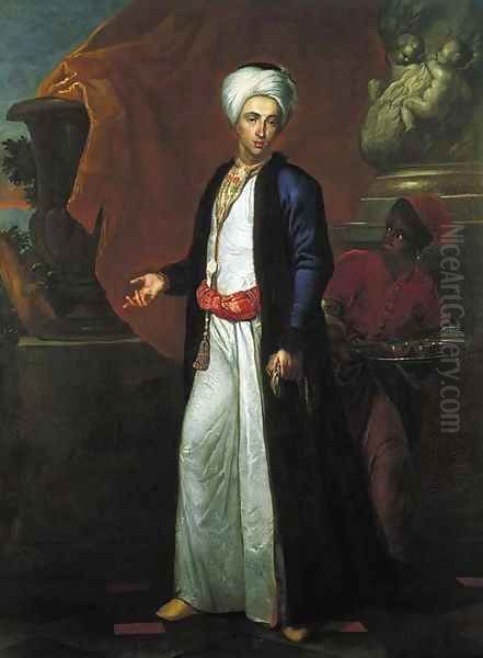 Portrait of a gentleman, full-length, in Ottoman robes, a page beside him, on a terrace before a Solomonic column Oil Painting by Giuseppe Bonito