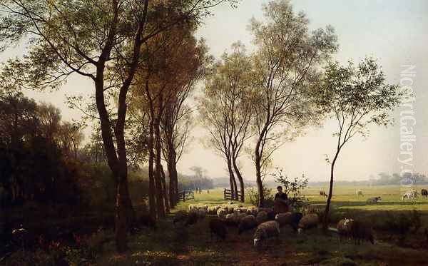 A Shepherdess And Her Flock On A Country Lane Oil Painting by Julius Jacobus Van De Sande Bakhuyzen