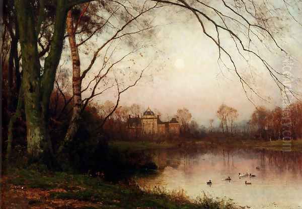 A Woodland With Ducks In A Pond Oil Painting by Julius Jacobus Van De Sande Bakhuyzen