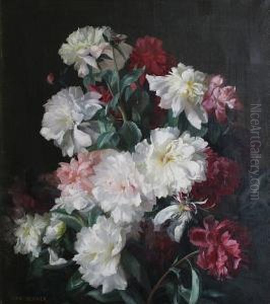 White, Pink And Dark Red Peonies Oil Painting by Jean Benner