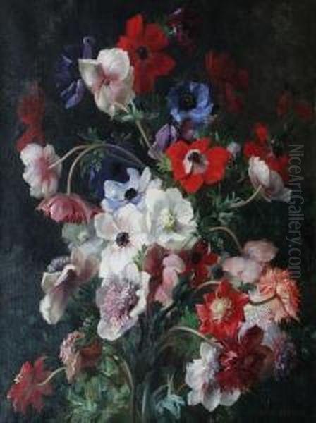 White, Red And Blue Anenomes 'jean Benner' Oil Painting by Jean Benner