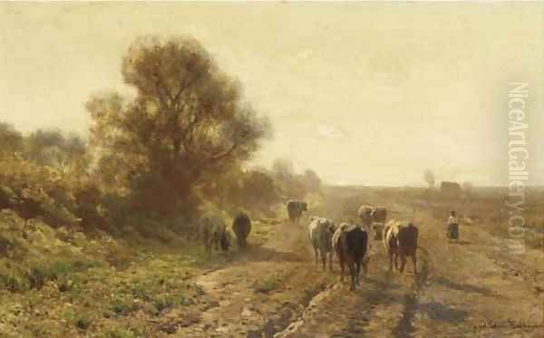 Guiding the cattle along a path on a sunny afternoon Oil Painting by Julius Jacobus Van De Sande Bakhuyzen