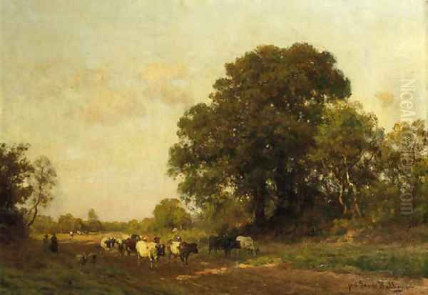 Cows on a sandy track in a wooded landscape Oil Painting by Julius Jacobus Van De Sande Bakhuyzen