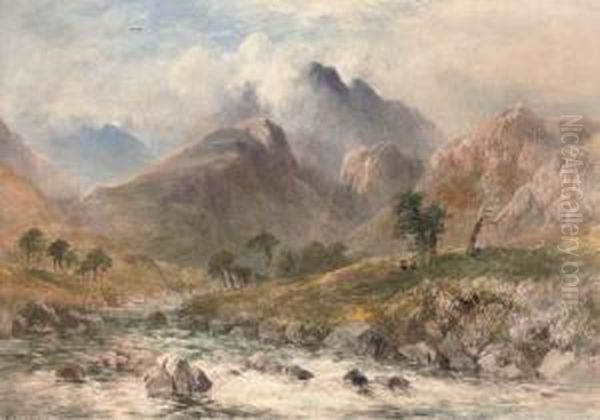 A River Rushing Through A Romantic Landscape Oil Painting by William James Bennett