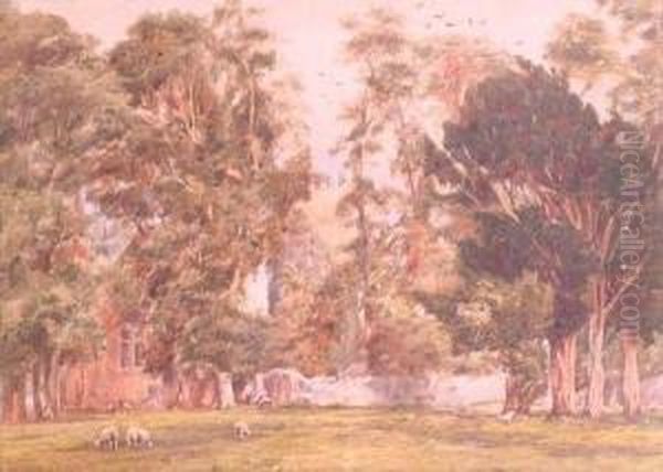 Sheep In A Meadow Before A Castle Ruin Oil Painting by William James Bennett