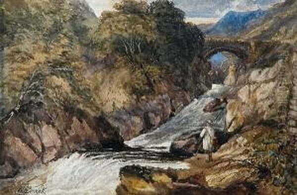 Fisherman In A Landscape Oil Painting by William James Bennett