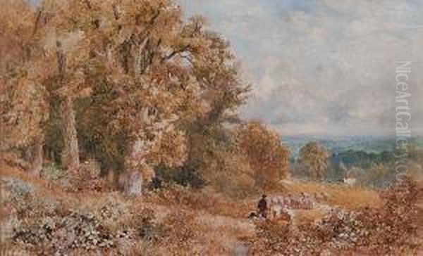 Shepherd And Flock In A Woodland Landscape Oil Painting by William James Bennett