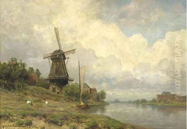 Windmill by a river Oil Painting by Julius Jacobus Van De Sande Bakhuyzen