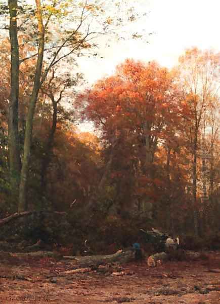 A woodcutter at work in a forest clearing Oil Painting by Julius Jacobus Van De Sande Bakhuyzen