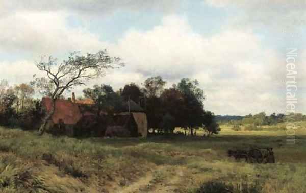 Heading home a farm amongst fields Oil Painting by Julius Jacobus Van De Sande Bakhuyzen