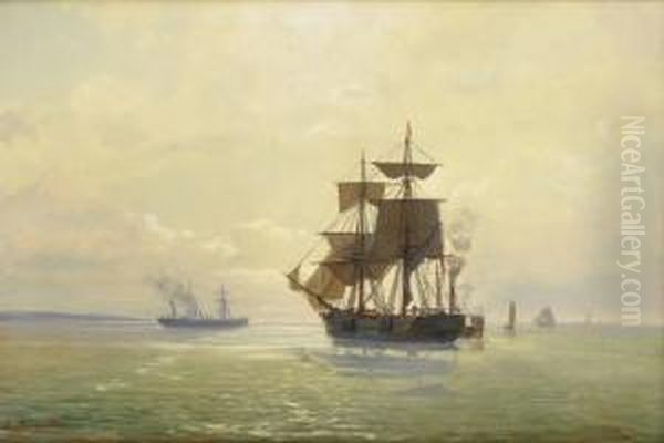 Seilskuter Og Dampbater 1877 Oil Painting by Johan Jacob Bennetter