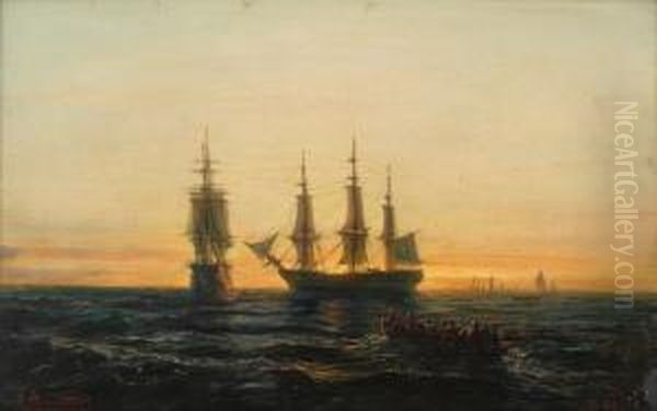 Robater Og Seilskuter 1866 Oil Painting by Johan Jacob Bennetter