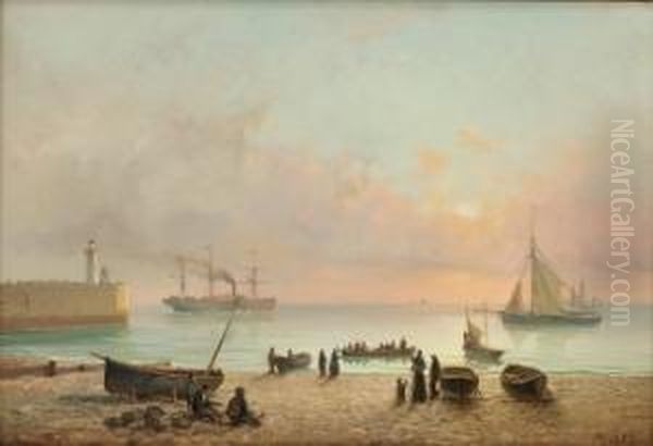 Strandparti Med Folkeliv 1877 Oil Painting by Johan Jacob Bennetter