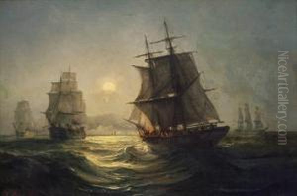 Seilskuter I Maneskinn 1865 Oil Painting by Johan Jacob Bennetter