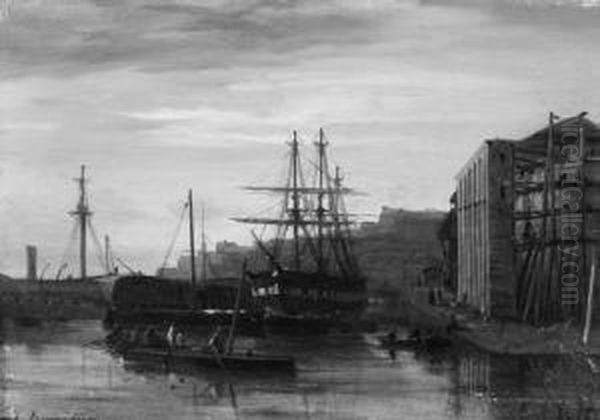 A Threemasted Barque Moored In A Scandinavian Port Oil Painting by Johan Jacob Bennetter