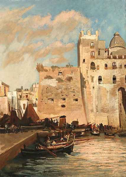 The old Sarazene castle in Pozzuoli Oil Painting by Julius Jacobus Van De Sande Bakhuyzen