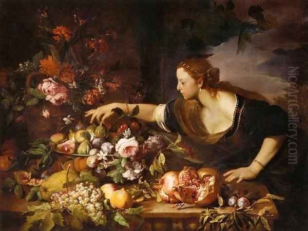 Woman Grasping Fruit Oil Painting by Abraham Brueghel