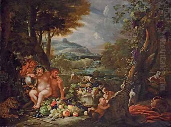 Silenus, with centaurs, leopards and a barrel of fruit in an extensive river landscape Oil Painting by Abraham Brueghel